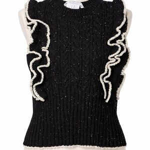 Black Sleeveless Sweater with White Ruffle Trim